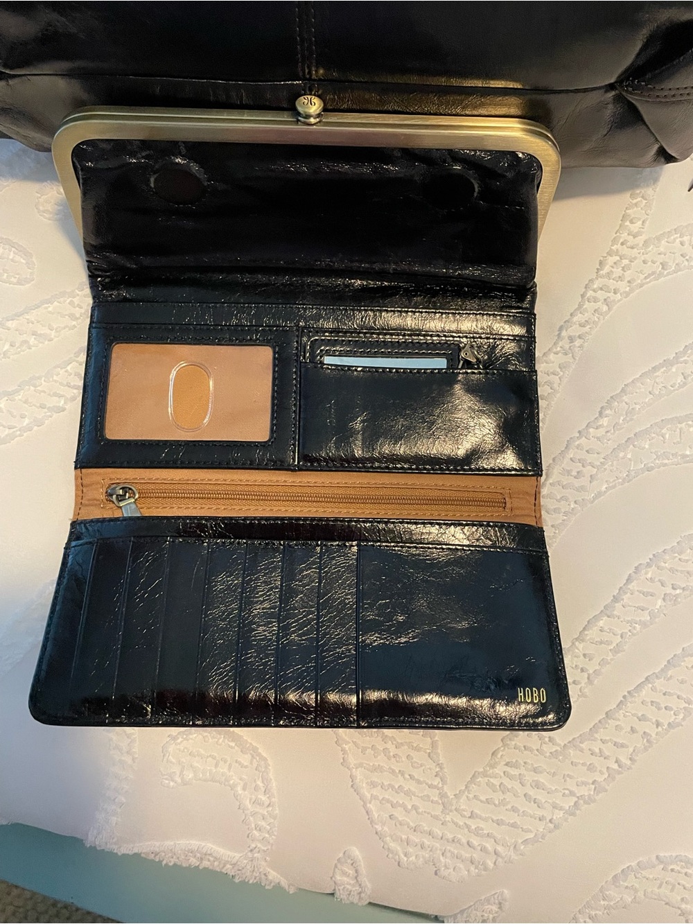 HOBO Black Patent Leather Wallet with Tan Accent